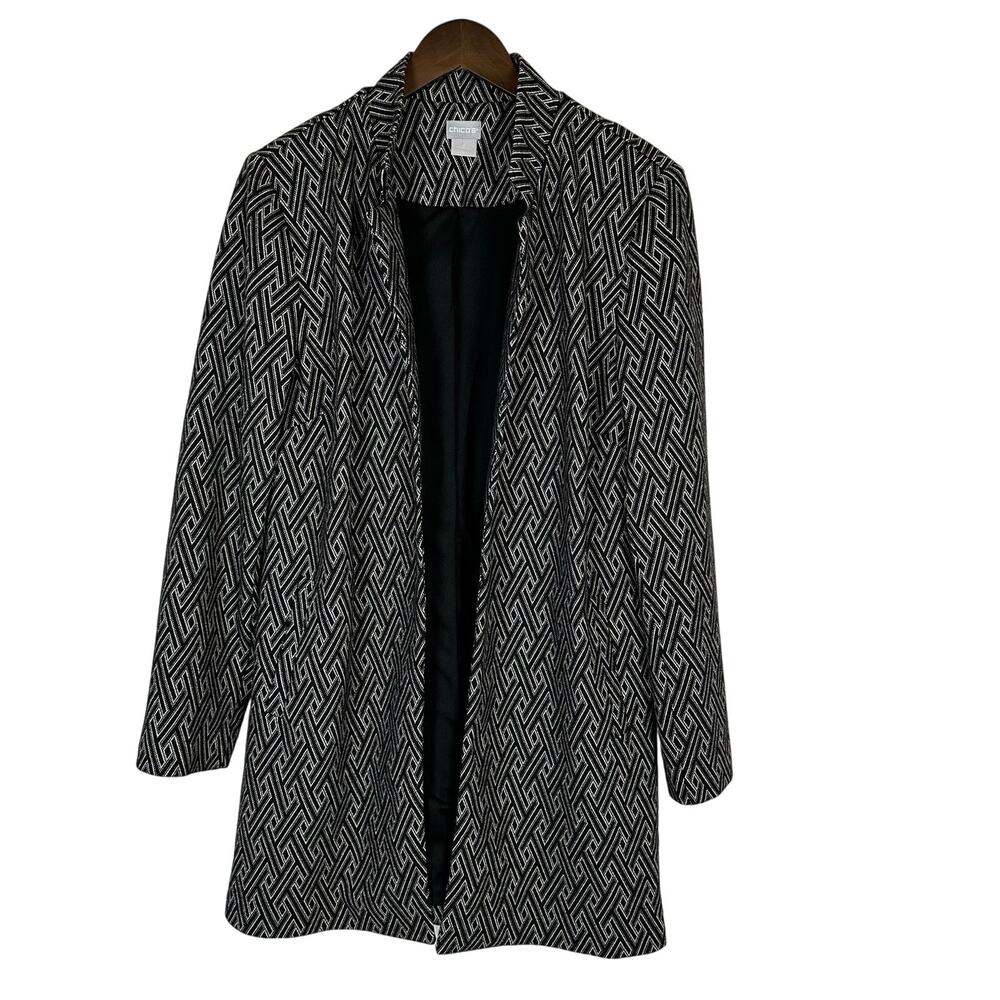 Chico's Black White Open Front Stretch Longline Blazer Jacket Sz 2 (L) Office